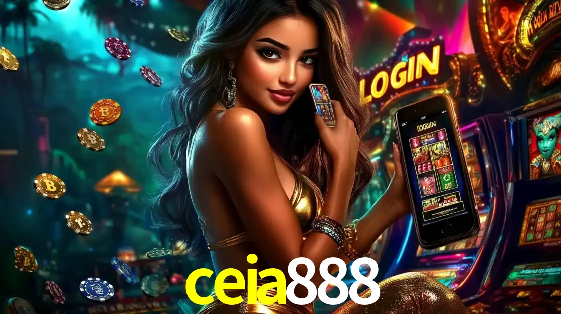 Mulher em um cenário de cassino temático de aventura, mostrando o app de caça-níqueis da ceia888 no celular. Fichas de apostas flutuam ao redor.